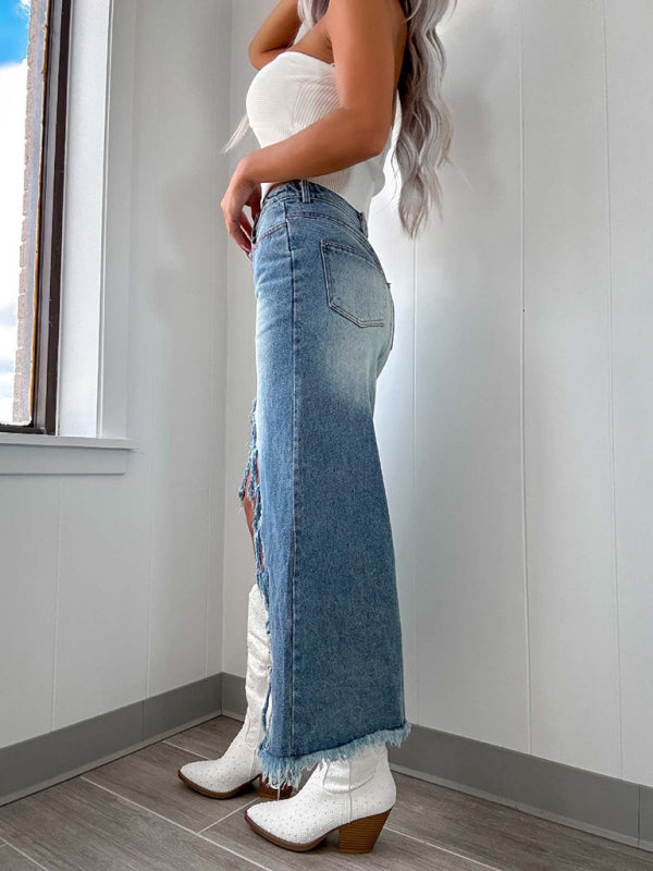 Blue Zone Planet | New high waist irregular raw edge denim skirt for women old washed skirt-[Adult]-[Female]-2022 Online Blue Zone Planet