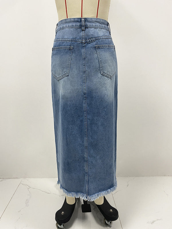 Blue Zone Planet | New high waist irregular raw edge denim skirt for women old washed skirt-[Adult]-[Female]-2022 Online Blue Zone Planet