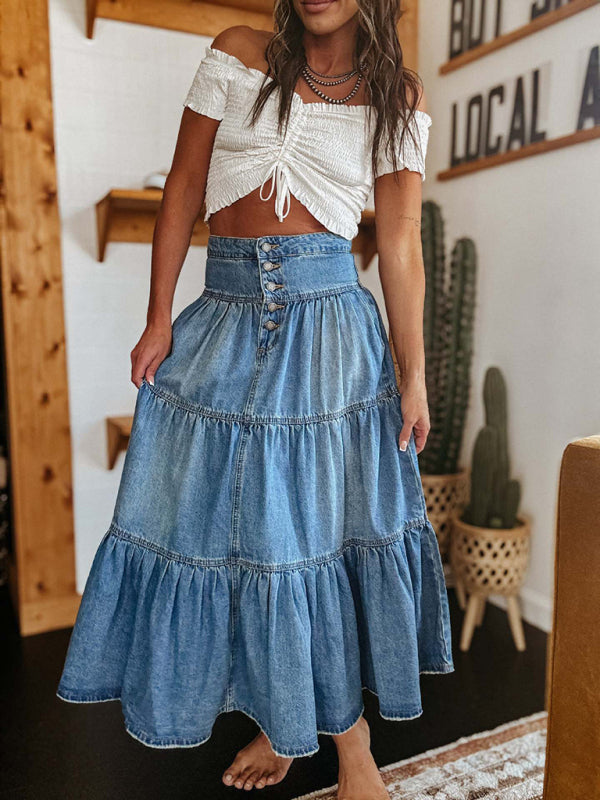 Blue Zone Planet | Bohemian A-line Layered Cake Denim Skirt-[Adult]-[Female]-2022 Online Blue Zone Planet