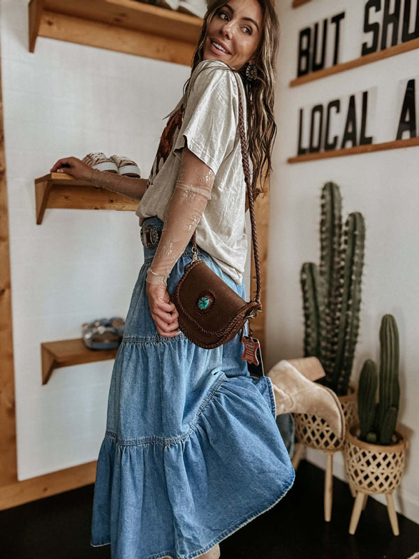 Blue Zone Planet | Bohemian A-line Layered Cake Denim Skirt-[Adult]-[Female]-2022 Online Blue Zone Planet