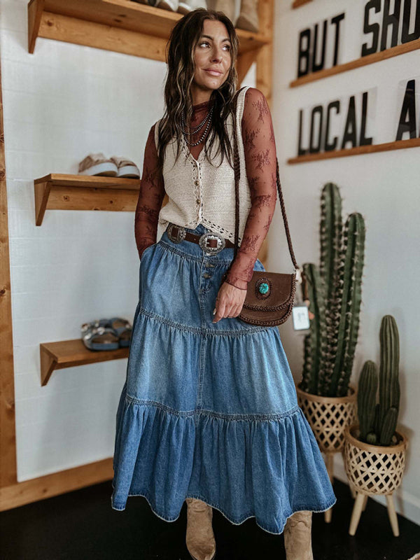 Blue Zone Planet | Bohemian A-line Layered Cake Denim Skirt-[Adult]-[Female]-2022 Online Blue Zone Planet