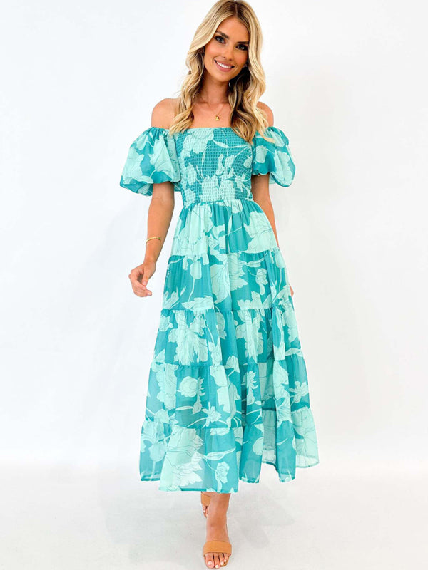 Blue Zone Planet | Women's One-shoulder Chiffon Puff Sleeve Layered Waist Printed Dress-TOPS / DRESSES-[Adult]-[Female]-Mint Green-S-2022 Online Blue Zone Planet