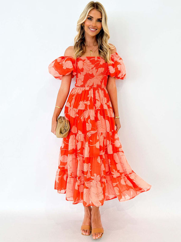 Blue Zone Planet | Women's One-shoulder Chiffon Puff Sleeve Layered Waist Printed Dress-TOPS / DRESSES-[Adult]-[Female]-Orange Red-S-2022 Online Blue Zone Planet