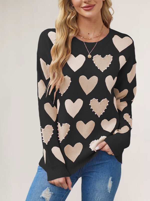 Valentine's Day Love Peach Pullover Round Neck Hand-beaded Craft Knitted Sweater-[Adult]-[Female]-2022 Online Blue Zone Planet