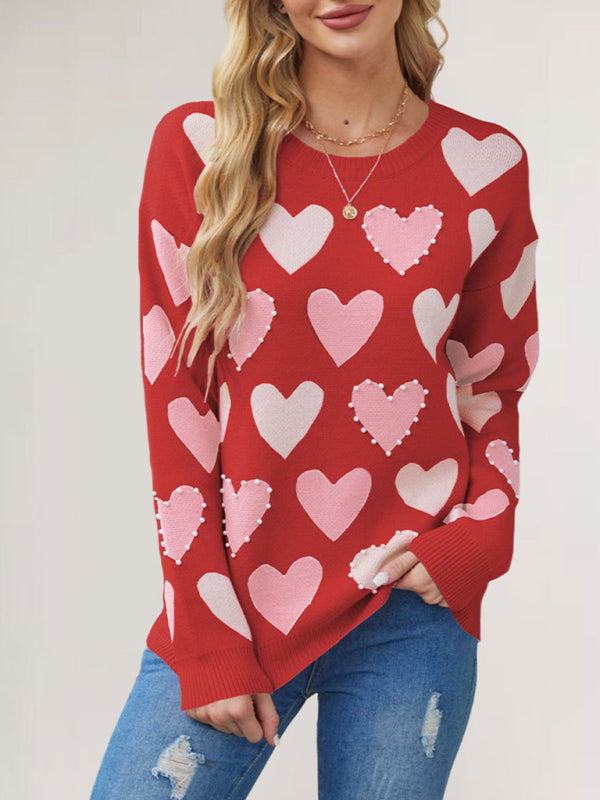 Valentine's Day Love Peach Pullover Round Neck Hand-beaded Craft Knitted Sweater-[Adult]-[Female]-2022 Online Blue Zone Planet