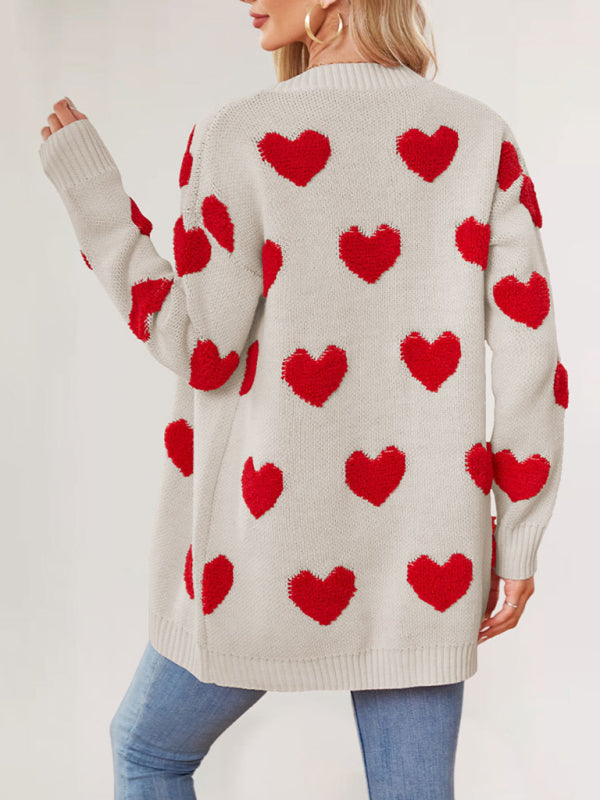 Valentine's Day Heart Knitted Midi Jacket V-Neck Button Cardigan-[Adult]-[Female]-2022 Online Blue Zone Planet