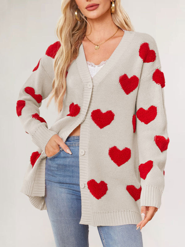 Valentine's Day Heart Knitted Midi Jacket V-Neck Button Cardigan-[Adult]-[Female]-Cracker khaki-S-2022 Online Blue Zone Planet