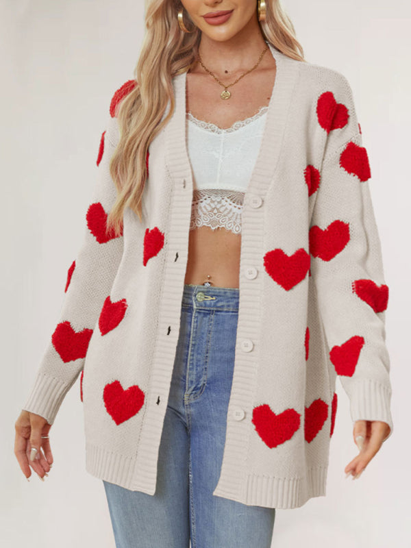 Valentine's Day Heart Knitted Midi Jacket V-Neck Button Cardigan-[Adult]-[Female]-2022 Online Blue Zone Planet