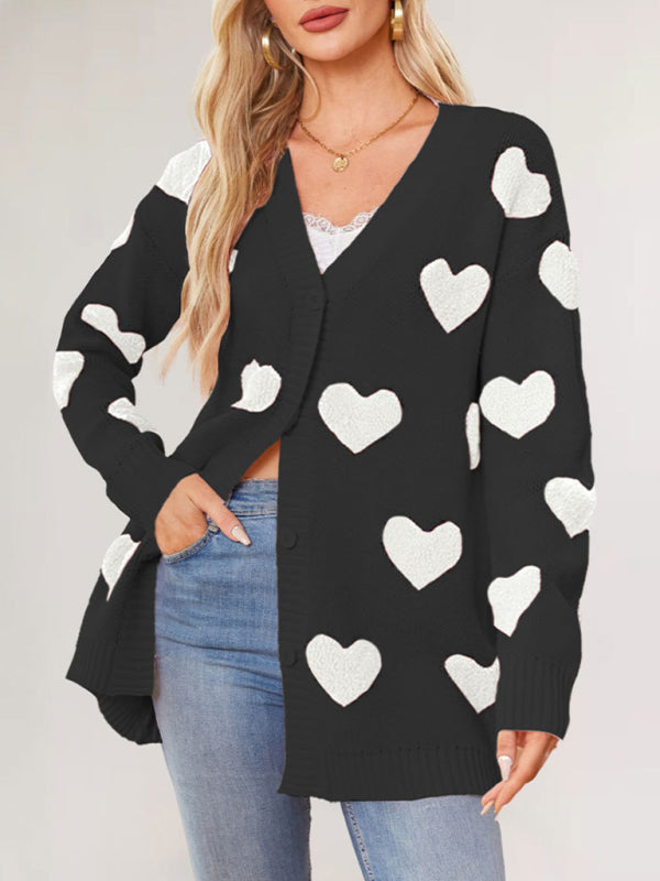 Valentine's Day Heart Knitted Midi Jacket V-Neck Button Cardigan-[Adult]-[Female]-Black-S-2022 Online Blue Zone Planet