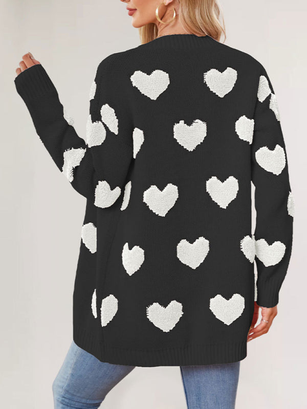 Valentine's Day Heart Knitted Midi Jacket V-Neck Button Cardigan-[Adult]-[Female]-2022 Online Blue Zone Planet