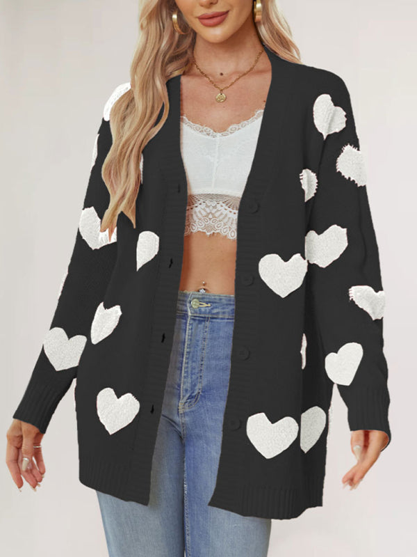 Valentine's Day Heart Knitted Midi Jacket V-Neck Button Cardigan-[Adult]-[Female]-2022 Online Blue Zone Planet
