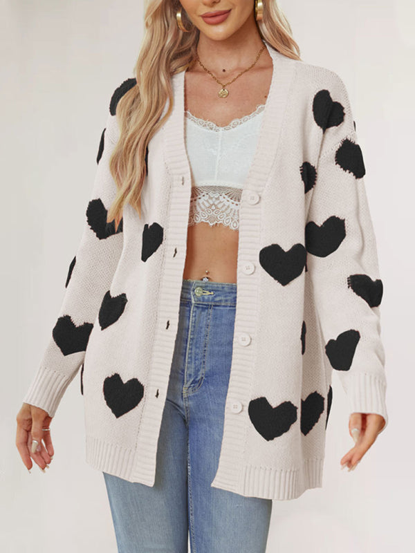 Valentine's Day Heart Knitted Midi Jacket V-Neck Button Cardigan-[Adult]-[Female]-2022 Online Blue Zone Planet