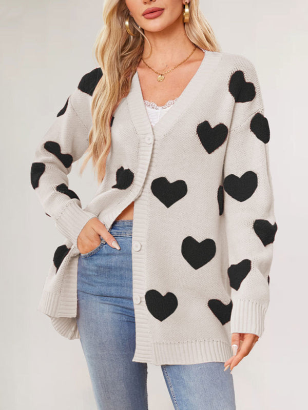 Valentine's Day Heart Knitted Midi Jacket V-Neck Button Cardigan-[Adult]-[Female]-Pattern-S-2022 Online Blue Zone Planet