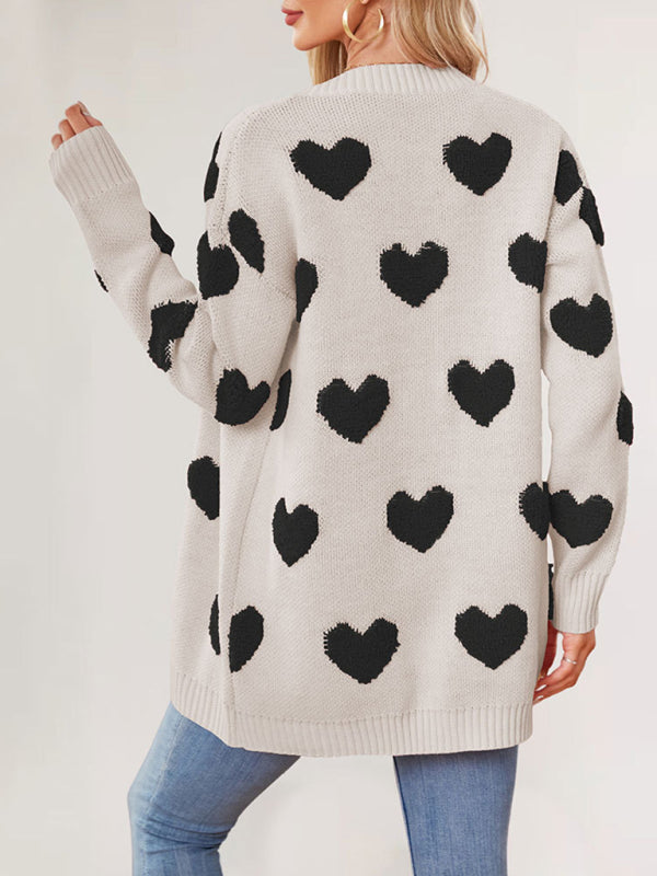 Valentine's Day Heart Knitted Midi Jacket V-Neck Button Cardigan-[Adult]-[Female]-2022 Online Blue Zone Planet