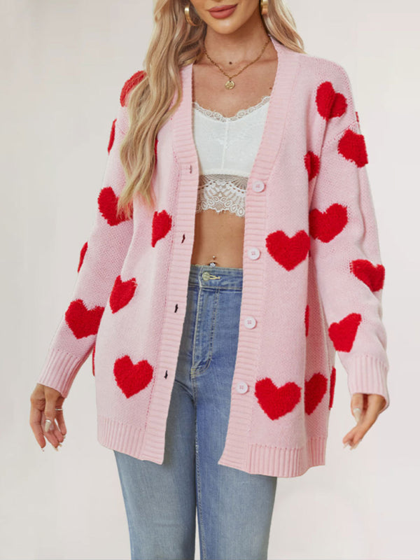 Valentine's Day Heart Knitted Midi Jacket V-Neck Button Cardigan-[Adult]-[Female]-Pink-S-2022 Online Blue Zone Planet