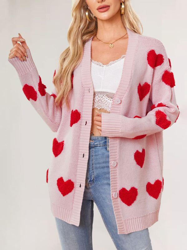 Valentine's Day Heart Knitted Midi Jacket V-Neck Button Cardigan-[Adult]-[Female]-2022 Online Blue Zone Planet