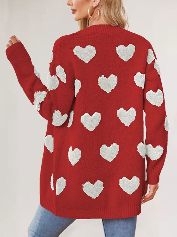 Valentine's Day Heart Knitted Midi Jacket V-Neck Button Cardigan-[Adult]-[Female]-2022 Online Blue Zone Planet