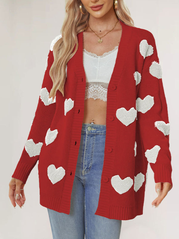 Valentine's Day Heart Knitted Midi Jacket V-Neck Button Cardigan-[Adult]-[Female]-Red-S-2022 Online Blue Zone Planet