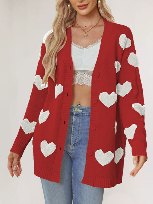 Valentine's Day Heart Knitted Midi Jacket V-Neck Button Cardigan-[Adult]-[Female]-Red-S-2022 Online Blue Zone Planet
