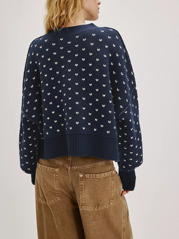 Round neck sweater short loose butterfly jacquard pullover sweater-[Adult]-[Female]-2022 Online Blue Zone Planet
