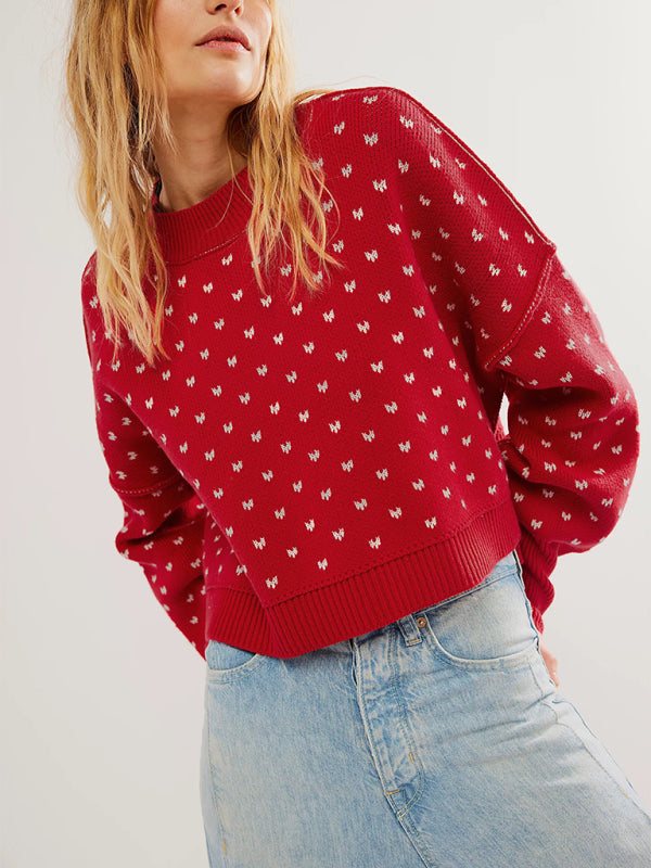 Round neck sweater short loose butterfly jacquard pullover sweater-[Adult]-[Female]-2022 Online Blue Zone Planet