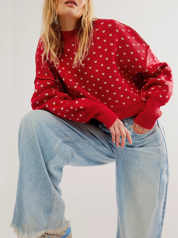 Round neck sweater short loose butterfly jacquard pullover sweater-[Adult]-[Female]-Red-S-2022 Online Blue Zone Planet