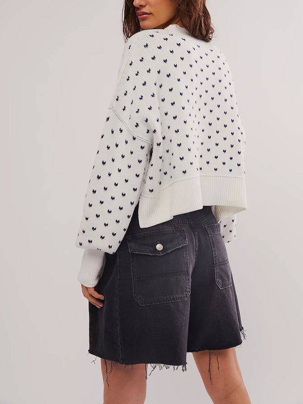 Round neck sweater short loose butterfly jacquard pullover sweater-[Adult]-[Female]-2022 Online Blue Zone Planet