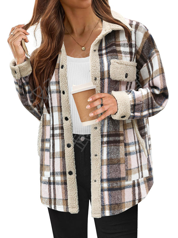 Casual autumn and winter coat contrast color plaid jacket lapel velvet coat-[Adult]-[Female]-2022 Online Blue Zone Planet