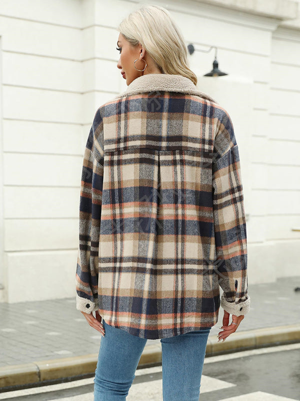 Casual autumn and winter coat contrast color plaid jacket lapel velvet coat-[Adult]-[Female]-2022 Online Blue Zone Planet