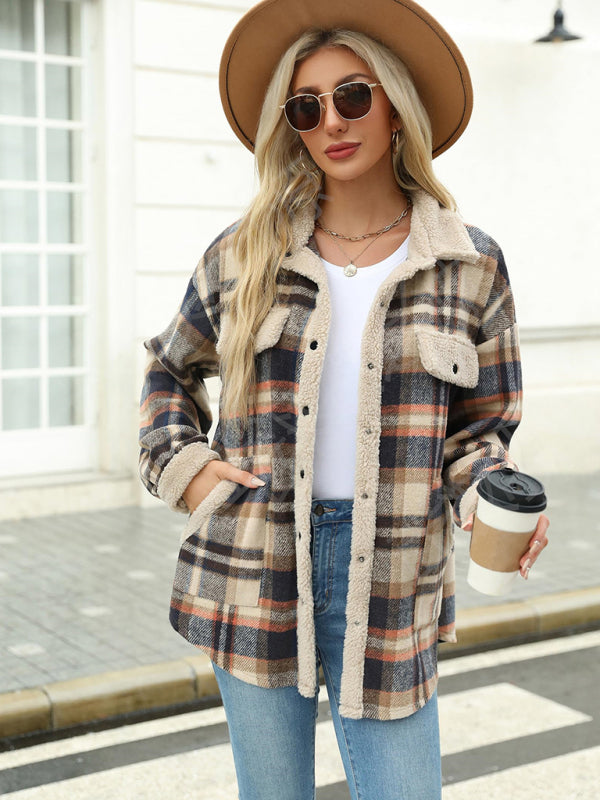 Casual autumn and winter coat contrast color plaid jacket lapel velvet coat-[Adult]-[Female]-2022 Online Blue Zone Planet