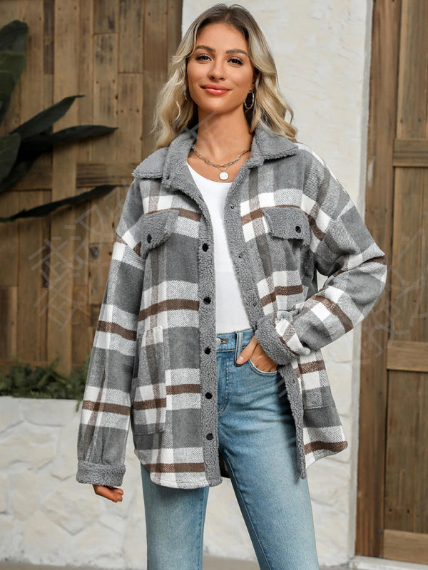 Casual autumn and winter coat contrast color plaid jacket lapel velvet coat-[Adult]-[Female]-2022 Online Blue Zone Planet