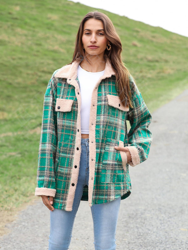 Casual autumn and winter coat contrast color plaid jacket lapel velvet coat-[Adult]-[Female]-2022 Online Blue Zone Planet