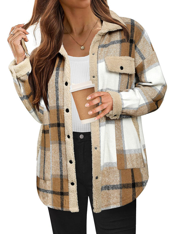 Casual autumn and winter coat contrast color plaid jacket lapel velvet coat-[Adult]-[Female]-2022 Online Blue Zone Planet