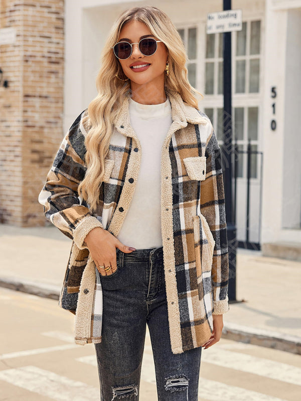 Casual autumn and winter coat contrast color plaid jacket lapel velvet coat-[Adult]-[Female]-2022 Online Blue Zone Planet