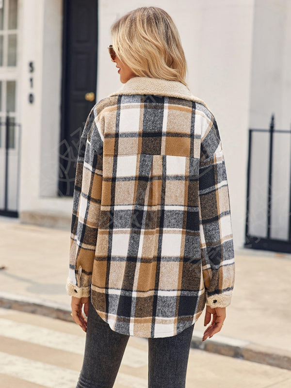 Casual autumn and winter coat contrast color plaid jacket lapel velvet coat-[Adult]-[Female]-2022 Online Blue Zone Planet