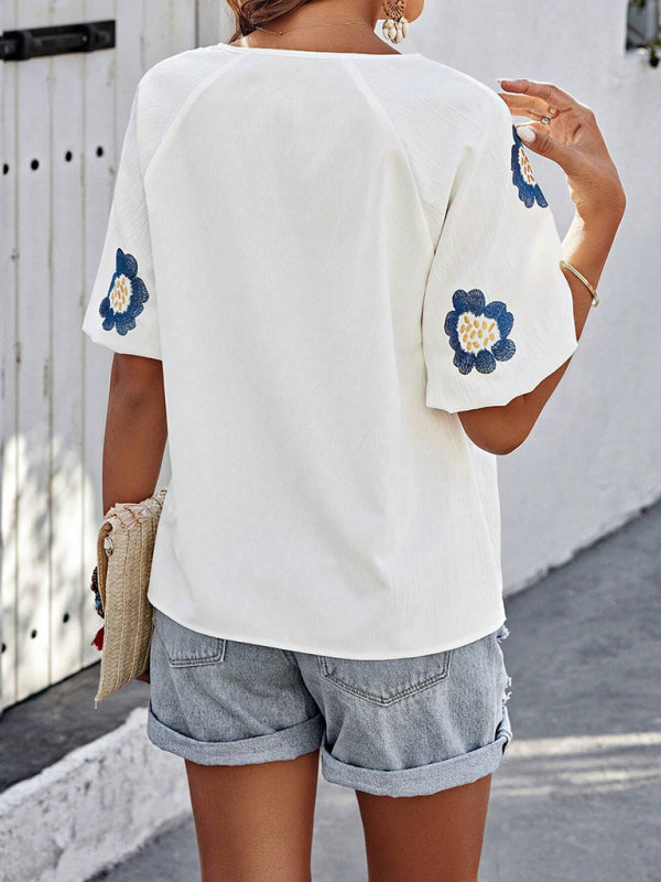 Long-sleeved shirt design V-neck solid color loose top-[Adult]-[Female]-2022 Online Blue Zone Planet