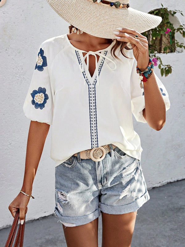 Long-sleeved shirt design V-neck solid color loose top-[Adult]-[Female]-2022 Online Blue Zone Planet