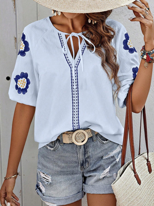 Long-sleeved shirt design V-neck solid color loose top-[Adult]-[Female]-2022 Online Blue Zone Planet