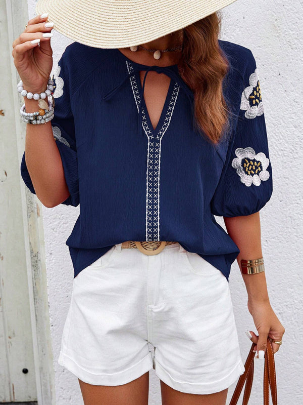 Long-sleeved shirt design V-neck solid color loose top-[Adult]-[Female]-2022 Online Blue Zone Planet