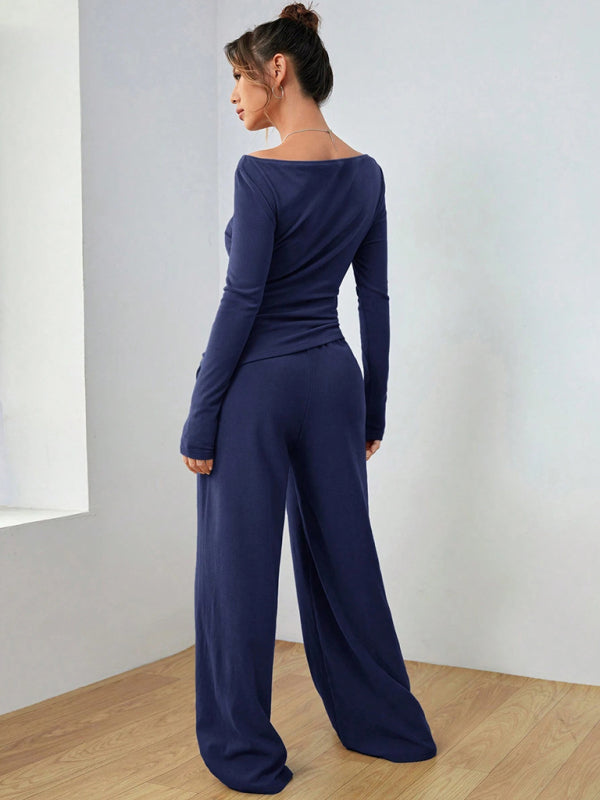 Solid Color Long-sleeved Casual Wide-leg Trousers Two-piece Set-[Adult]-[Female]-2022 Online Blue Zone Planet