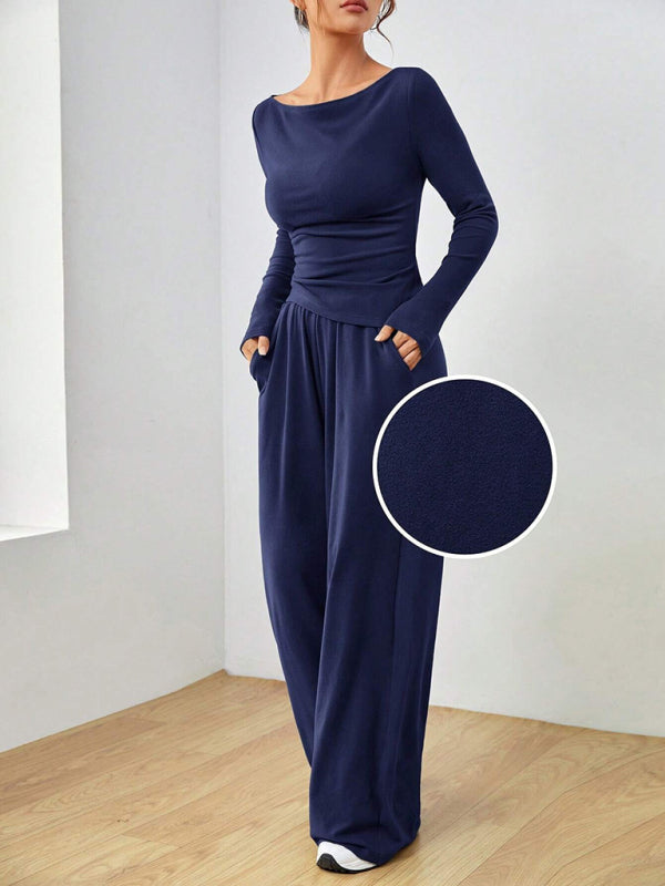 Solid Color Long-sleeved Casual Wide-leg Trousers Two-piece Set-[Adult]-[Female]-2022 Online Blue Zone Planet
