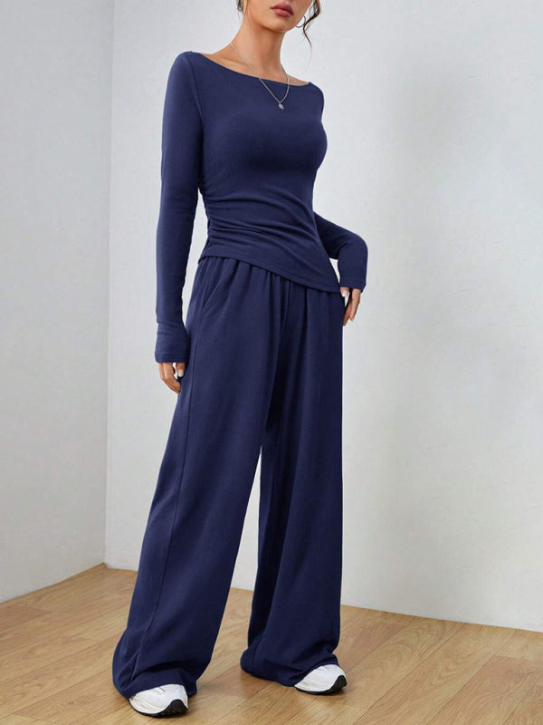 Solid Color Long-sleeved Casual Wide-leg Trousers Two-piece Set-[Adult]-[Female]-2022 Online Blue Zone Planet