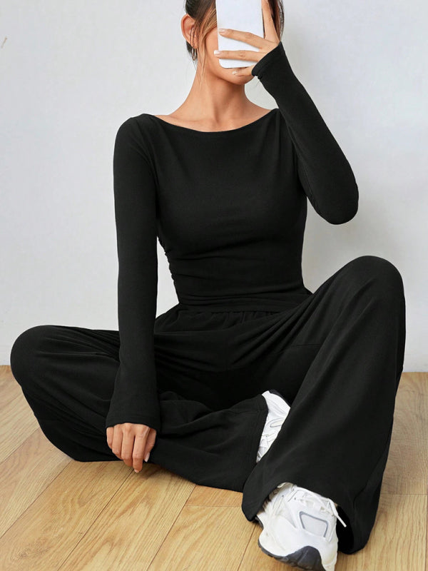 Solid Color Long-sleeved Casual Wide-leg Trousers Two-piece Set-[Adult]-[Female]-Black-S-2022 Online Blue Zone Planet