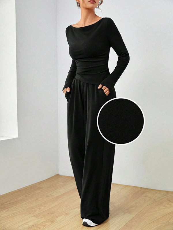 Solid Color Long-sleeved Casual Wide-leg Trousers Two-piece Set-[Adult]-[Female]-2022 Online Blue Zone Planet