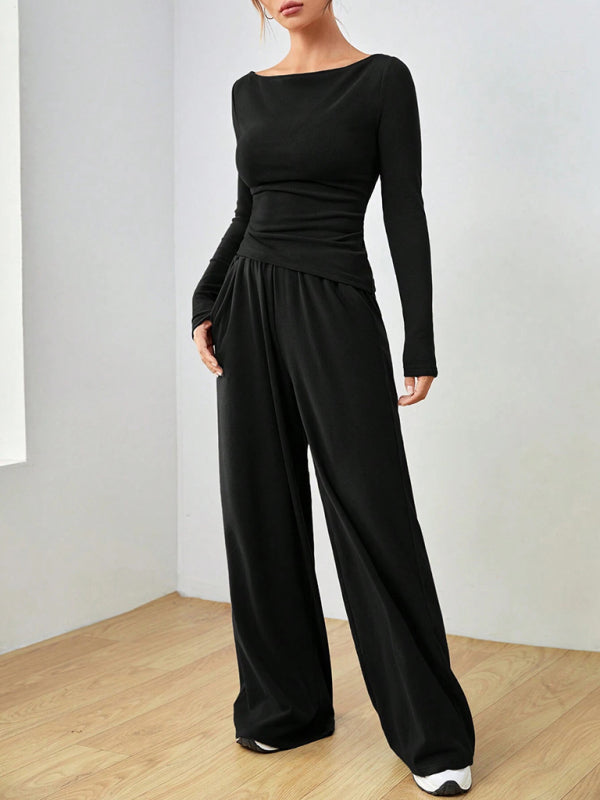 Solid Color Long-sleeved Casual Wide-leg Trousers Two-piece Set-[Adult]-[Female]-2022 Online Blue Zone Planet