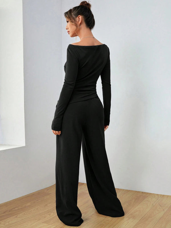Solid Color Long-sleeved Casual Wide-leg Trousers Two-piece Set-[Adult]-[Female]-2022 Online Blue Zone Planet