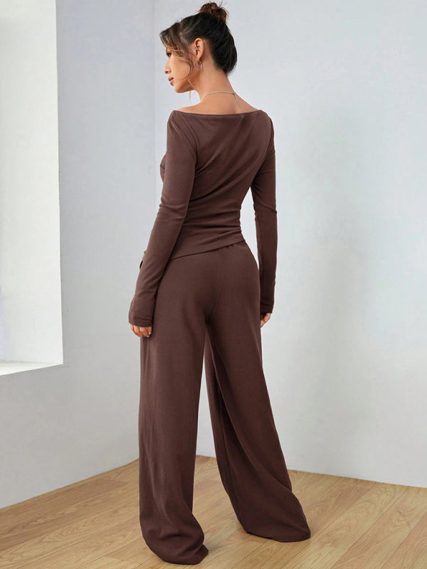 Solid Color Long-sleeved Casual Wide-leg Trousers Two-piece Set-[Adult]-[Female]-2022 Online Blue Zone Planet