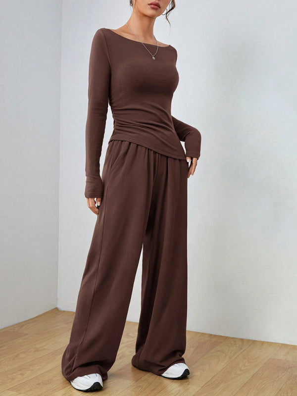 Solid Color Long-sleeved Casual Wide-leg Trousers Two-piece Set-[Adult]-[Female]-2022 Online Blue Zone Planet