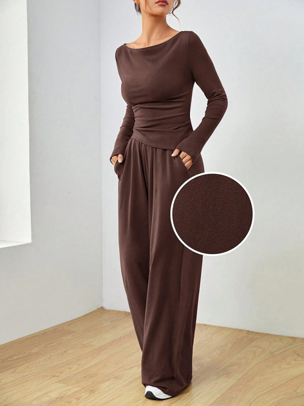Solid Color Long-sleeved Casual Wide-leg Trousers Two-piece Set-[Adult]-[Female]-2022 Online Blue Zone Planet