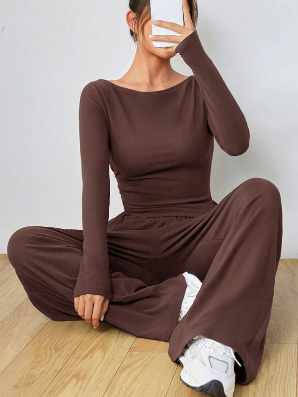 Solid Color Long-sleeved Casual Wide-leg Trousers Two-piece Set-[Adult]-[Female]-Coffee-S-2022 Online Blue Zone Planet